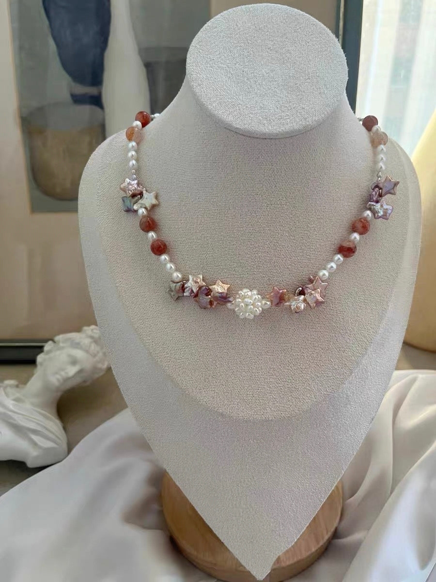 #PN1334 The Muse Edition | Starry Sky | Freshwater pearl necklace star shaped baroque pearls purple lustrous flower ball golden sunstone tsavorite pink-lustre irregular big baroque black rutile