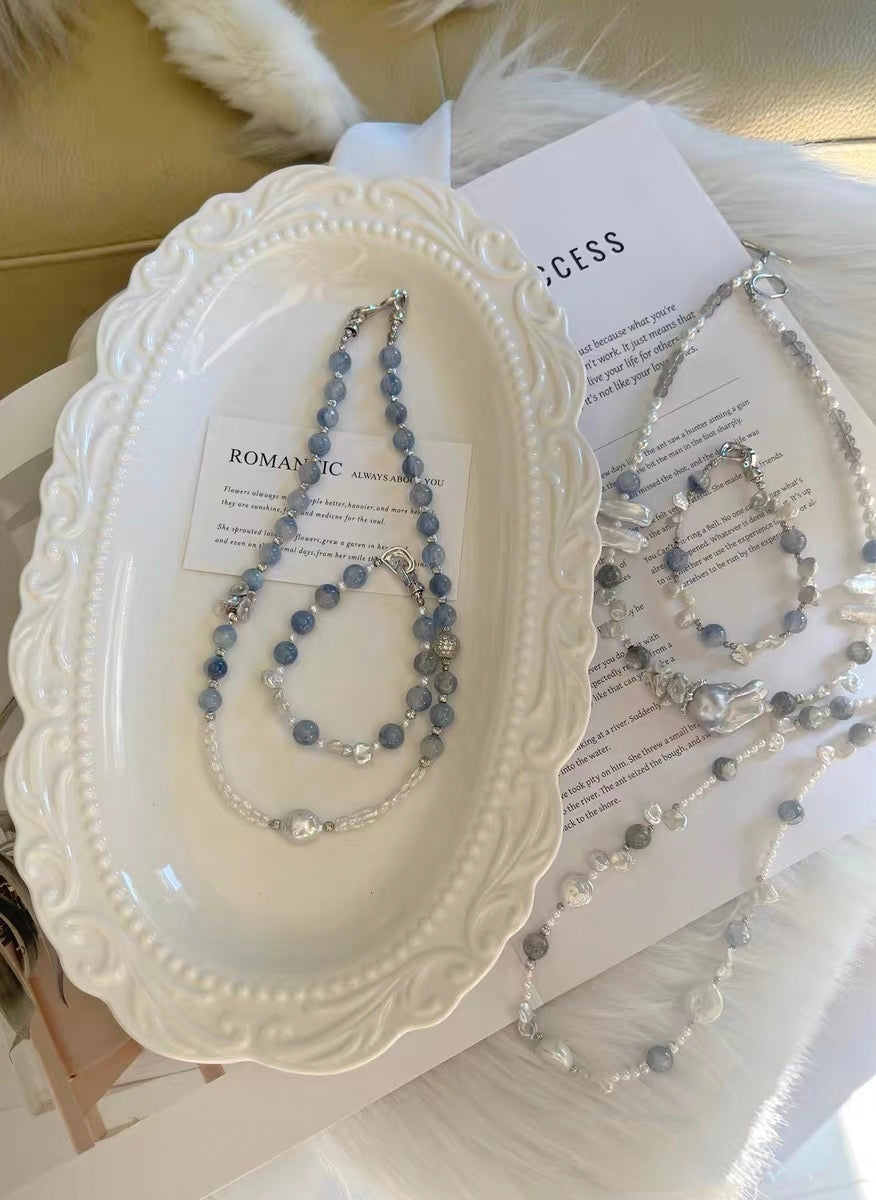#PN1333 The Prism Edition [Floral Series] Blue Island | Freshwater pearl necklace grey moonstone strong sheen baby keshi 3-layer rainbow lustre Mabe pearl high-clarity kyanite green mica coin baroque lustrous petals treated grey color mermaid baroque