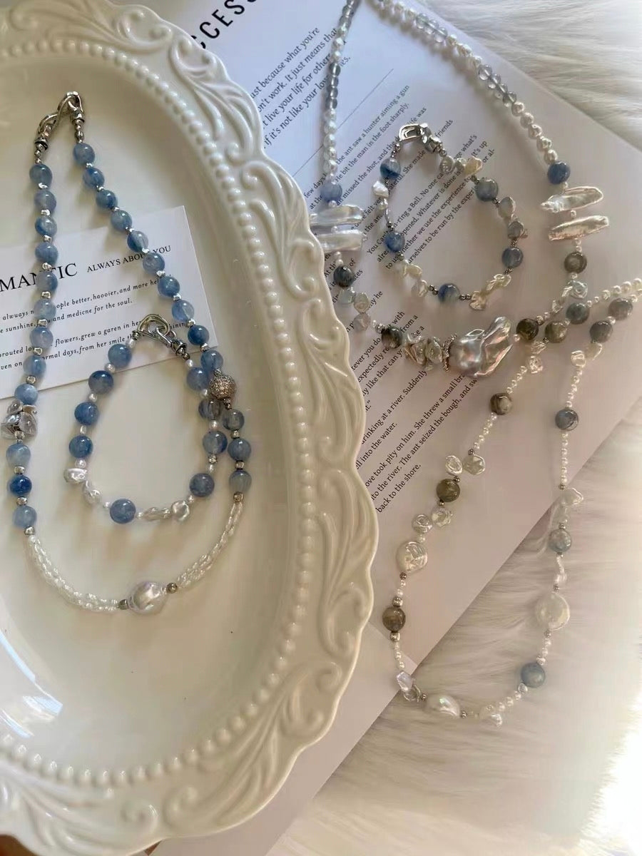 #PN1333 The Prism Edition [Floral Series] Blue Island | Freshwater pearl necklace grey moonstone strong sheen baby keshi 3-layer rainbow lustre Mabe pearl high-clarity kyanite green mica coin baroque lustrous petals treated grey color mermaid baroque
