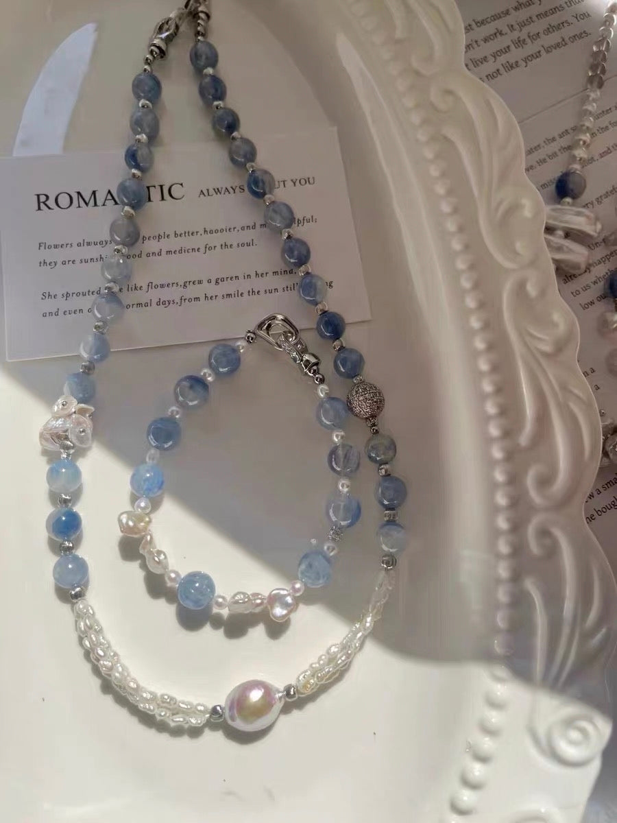 #PN1333 The Prism Edition [Floral Series] Blue Island | Freshwater pearl necklace grey moonstone strong sheen baby keshi 3-layer rainbow lustre Mabe pearl high-clarity kyanite green mica coin baroque lustrous petals treated grey color mermaid baroque