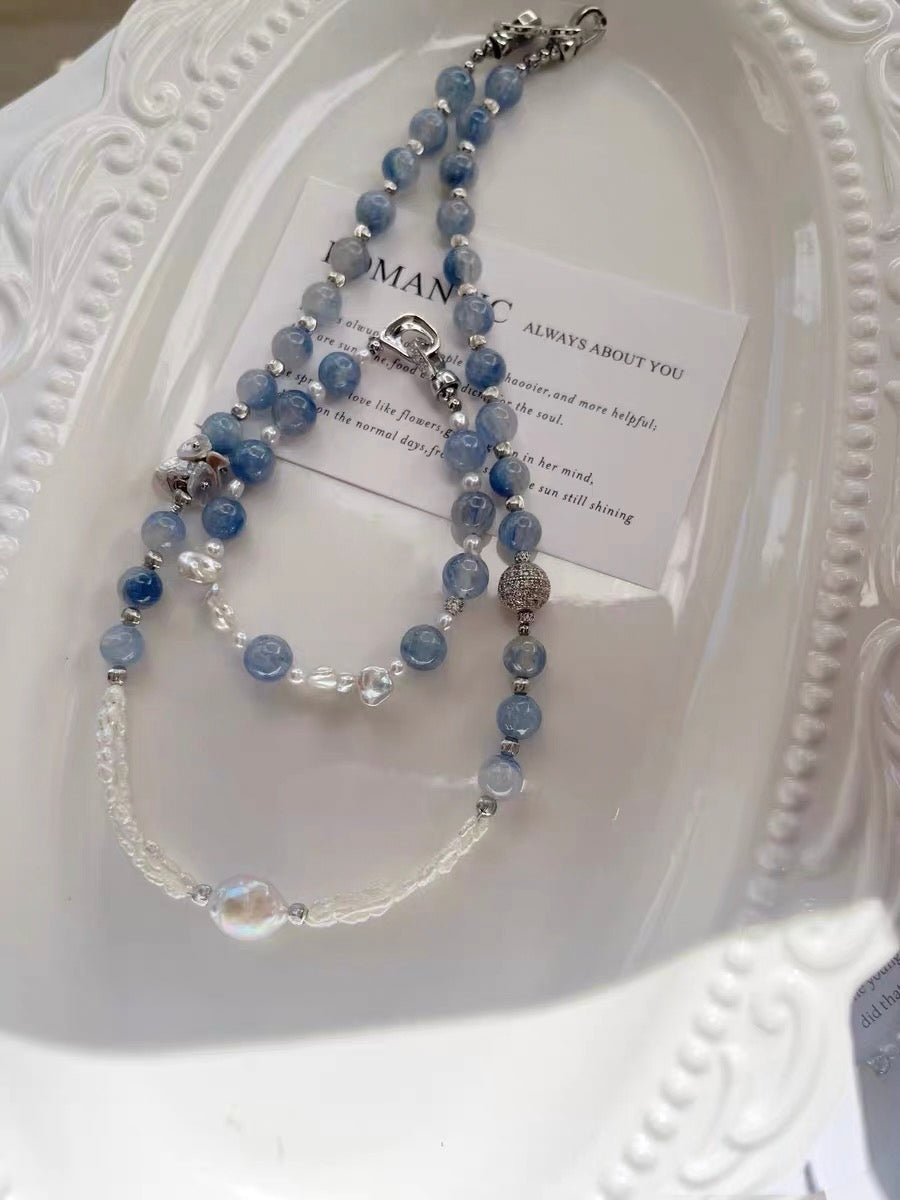 #PN1333 The Prism Edition [Floral Series] Blue Island | Freshwater pearl necklace grey moonstone strong sheen baby keshi 3-layer rainbow lustre Mabe pearl high-clarity kyanite green mica coin baroque lustrous petals treated grey color mermaid baroque