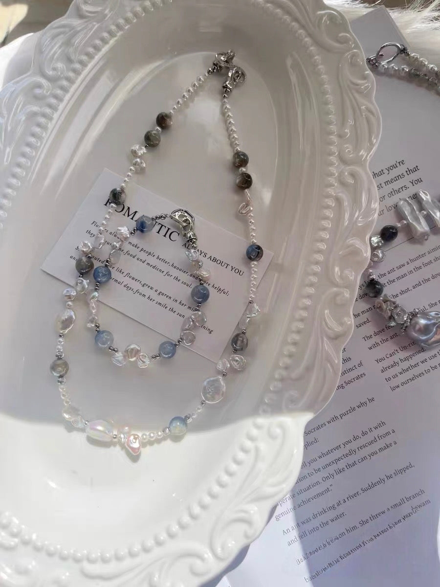 #PN1333 The Prism Edition [Floral Series] Blue Island | Freshwater pearl necklace grey moonstone strong sheen baby keshi 3-layer rainbow lustre Mabe pearl high-clarity kyanite green mica coin baroque lustrous petals treated grey color mermaid baroque