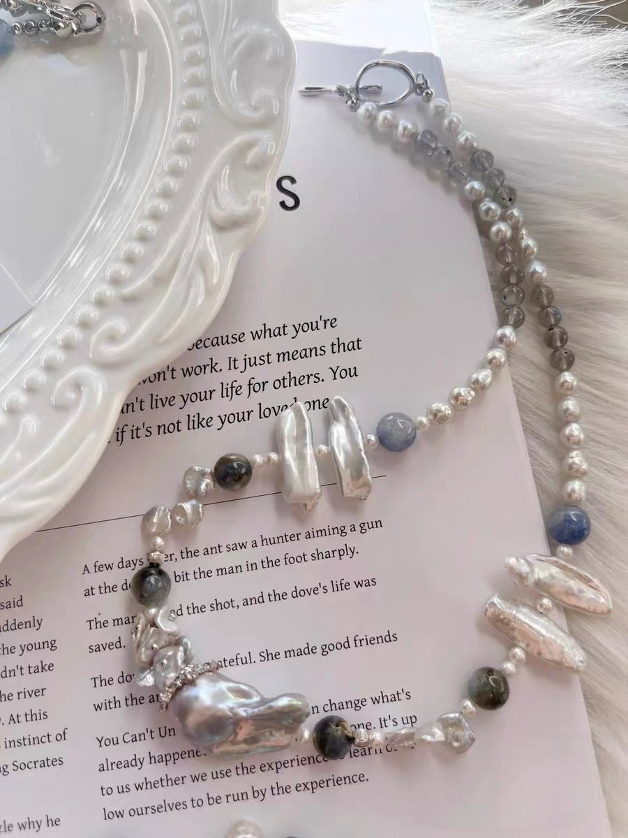 #PN1333 The Prism Edition [Floral Series] Blue Island | Freshwater pearl necklace grey moonstone strong sheen baby keshi 3-layer rainbow lustre Mabe pearl high-clarity kyanite green mica coin baroque lustrous petals treated grey color mermaid baroque
