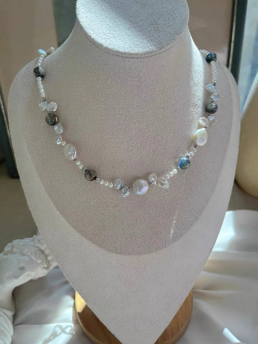 #PN1333 The Prism Edition [Floral Series] Blue Island | Freshwater pearl necklace grey moonstone strong sheen baby keshi 3-layer rainbow lustre Mabe pearl high-clarity kyanite green mica coin baroque lustrous petals treated grey color mermaid baroque