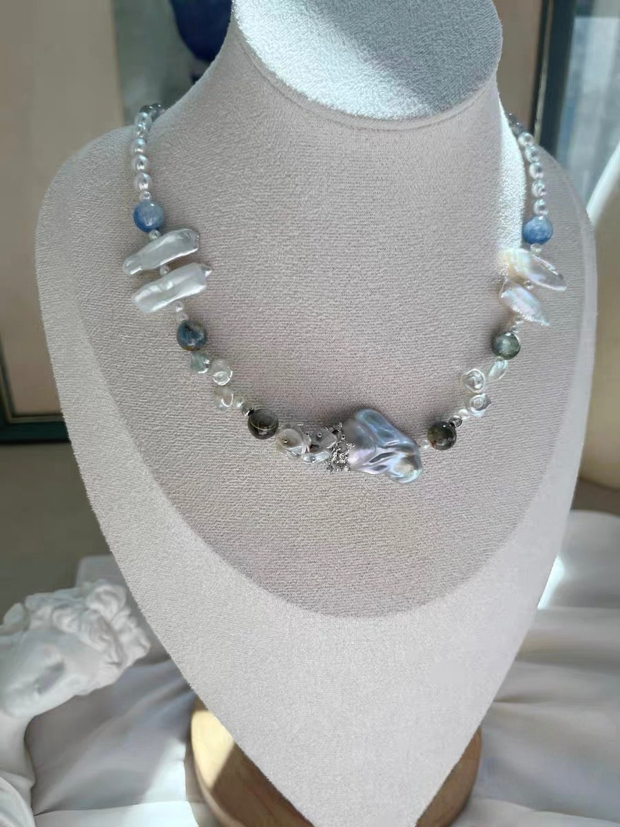 #PN1333 The Prism Edition [Floral Series] Blue Island | Freshwater pearl necklace grey moonstone strong sheen baby keshi 3-layer rainbow lustre Mabe pearl high-clarity kyanite green mica coin baroque lustrous petals treated grey color mermaid baroque