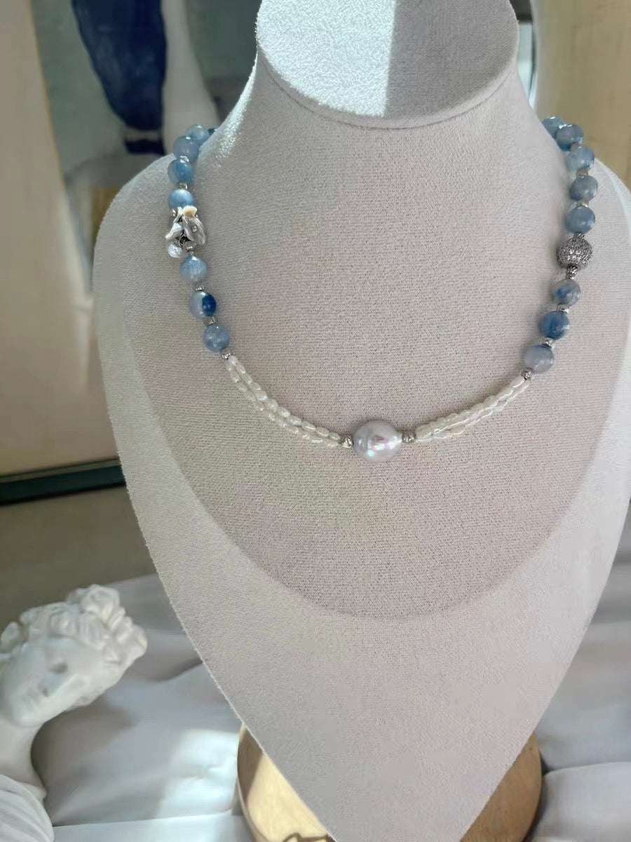 #PN1333 The Prism Edition [Floral Series] Blue Island | Freshwater pearl necklace grey moonstone strong sheen baby keshi 3-layer rainbow lustre Mabe pearl high-clarity kyanite green mica coin baroque lustrous petals treated grey color mermaid baroque