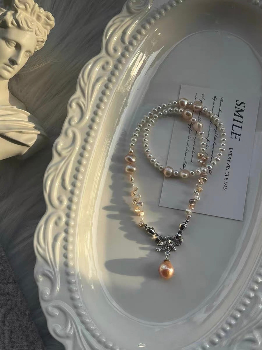 #PN1332 The Lumia Edition | sweet candy | Freshwater pearl necklace 43cm colorful petal pearls aurora lustre rainbow lustre egg shaped baby pearls sunset shade teardrop pendant detachable bow tie pendant multi wearing