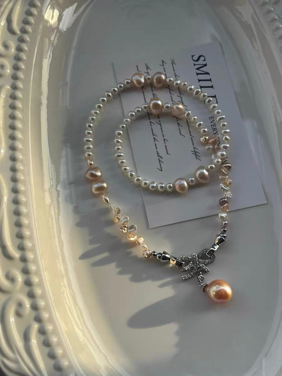 #PN1332 The Lumia Edition | sweet candy | Freshwater pearl necklace 43cm colorful petal pearls aurora lustre rainbow lustre egg shaped baby pearls sunset shade teardrop pendant detachable bow tie pendant multi wearing