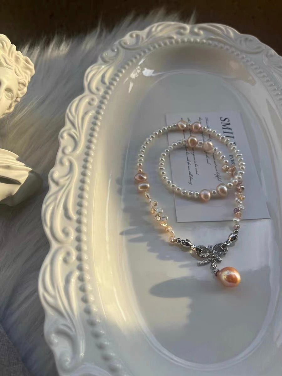 #PN1332 The Lumia Edition | sweet candy | Freshwater pearl necklace 43cm colorful petal pearls aurora lustre rainbow lustre egg shaped baby pearls sunset shade teardrop pendant detachable bow tie pendant multi wearing