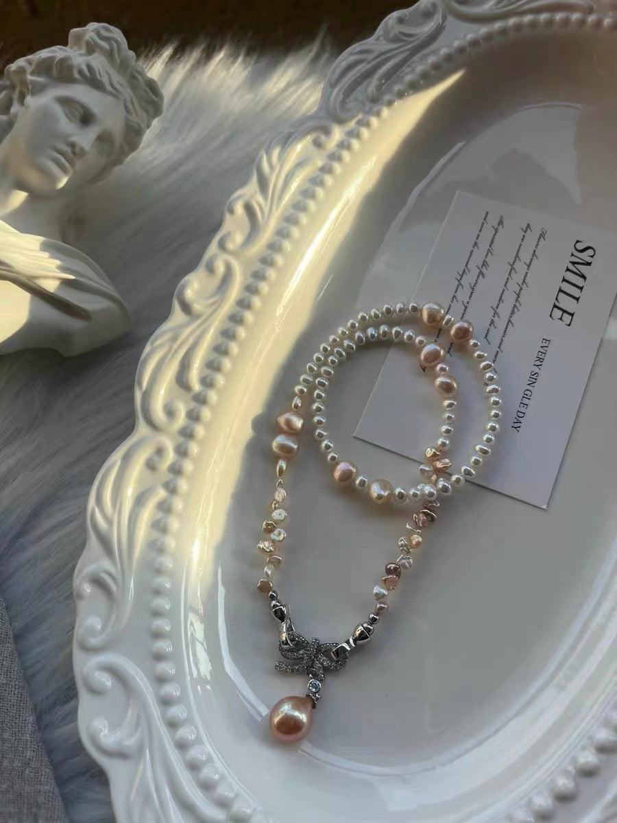 #PN1332 The Lumia Edition | sweet candy | Freshwater pearl necklace 43cm colorful petal pearls aurora lustre rainbow lustre egg shaped baby pearls sunset shade teardrop pendant detachable bow tie pendant multi wearing