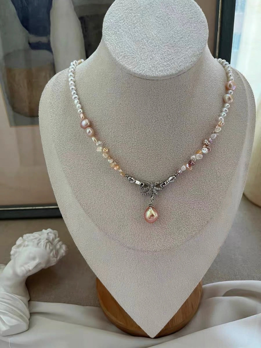 #PN1332 The Lumia Edition | sweet candy | Freshwater pearl necklace 43cm colorful petal pearls aurora lustre rainbow lustre egg shaped baby pearls sunset shade teardrop pendant detachable bow tie pendant multi wearing
