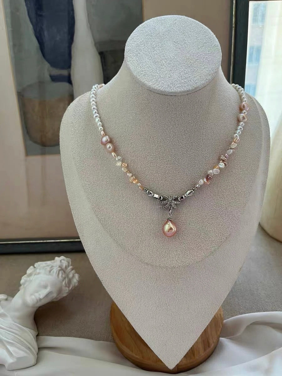 #PN1332 The Lumia Edition | sweet candy | Freshwater pearl necklace 43cm colorful petal pearls aurora lustre rainbow lustre egg shaped baby pearls sunset shade teardrop pendant detachable bow tie pendant multi wearing