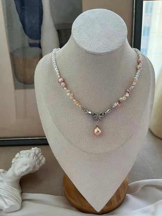 #PN1332 The Lumia Edition | sweet candy | Freshwater pearl necklace 43cm colorful petal pearls aurora lustre rainbow lustre egg shaped baby pearls sunset shade teardrop pendant detachable bow tie pendant multi wearing