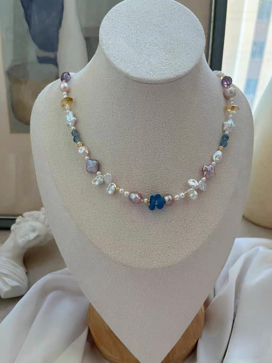#PN1329 The Prism Edition | light in forest | Freshwater pearl necklace 46.5cm star & clover shaped baroque pearls devil aquamarine citrine towers amethyst purple Edison pearl petal pearls lustrous