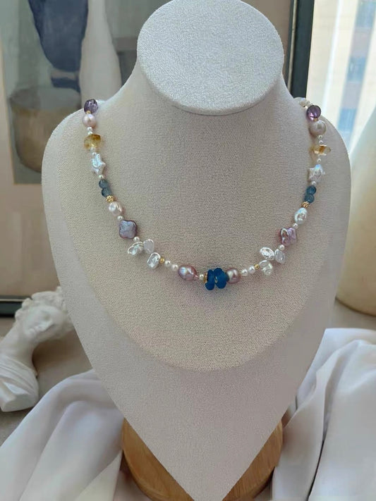 #PN1329 The Prism Edition | light in forest | Freshwater pearl necklace 46.5cm star & clover shaped baroque pearls devil aquamarine citrine towers amethyst purple Edison pearl petal pearls lustrous