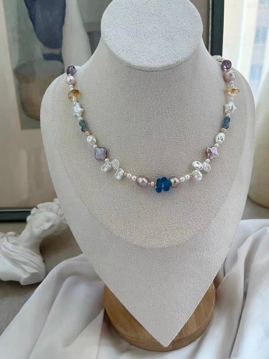 #PN1329 The Prism Edition | light in forest | Freshwater pearl necklace 46.5cm star & clover shaped baroque pearls devil aquamarine citrine towers amethyst purple Edison pearl petal pearls lustrous