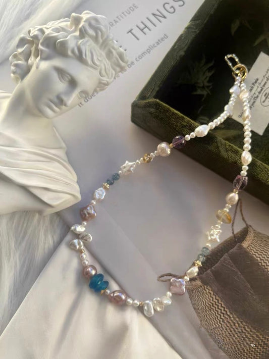 #PN1329 The Prism Edition | light in forest | Freshwater pearl necklace 46.5cm star & clover shaped baroque pearls devil aquamarine citrine towers amethyst purple Edison pearl petal pearls lustrous
