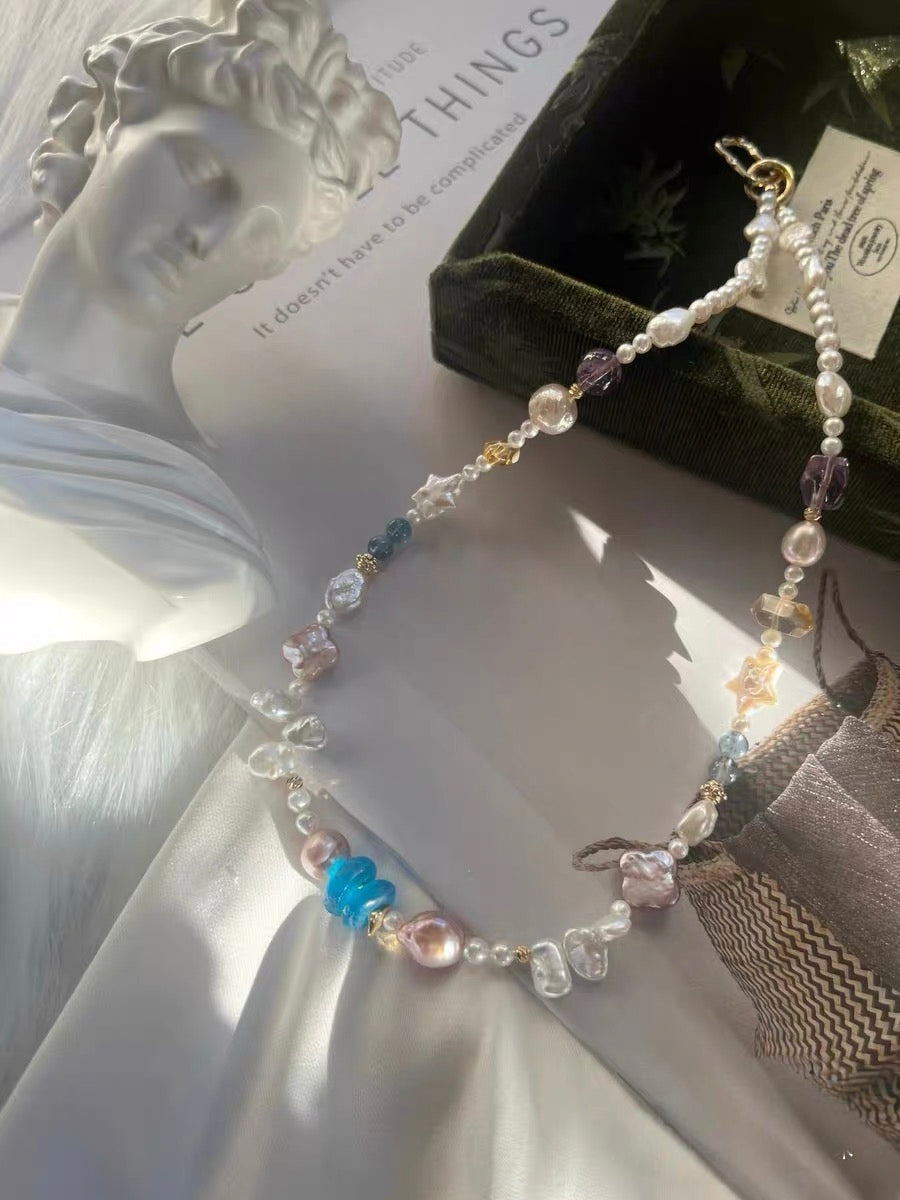 #PN1329 The Prism Edition | light in forest | Freshwater pearl necklace 46.5cm star & clover shaped baroque pearls devil aquamarine citrine towers amethyst purple Edison pearl petal pearls lustrous