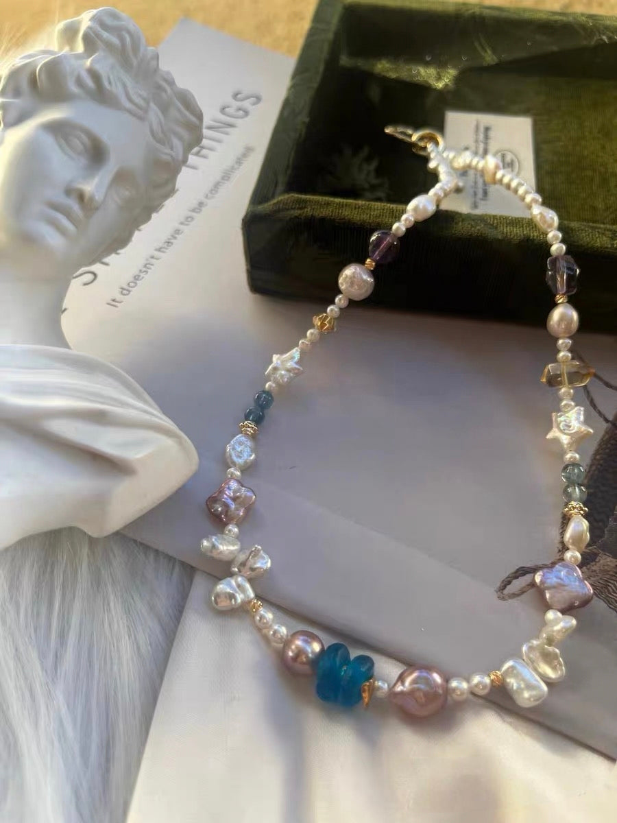 #PN1329 The Prism Edition | light in forest | Freshwater pearl necklace 46.5cm star & clover shaped baroque pearls devil aquamarine citrine towers amethyst purple Edison pearl petal pearls lustrous