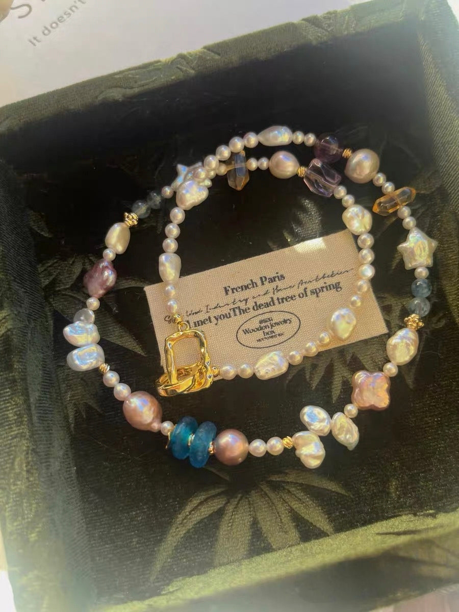 #PN1329 The Prism Edition | light in forest | Freshwater pearl necklace 46.5cm star & clover shaped baroque pearls devil aquamarine citrine towers amethyst purple Edison pearl petal pearls lustrous