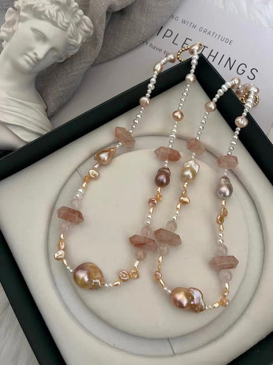 #PN1328 The Lyric Edition | peach summer | Freshwater pearl necklace 45.5cm small & medium champagne- golden mermaid baroque pearls fire quartz towers sunset shade petal pearls baby pearls aurora lustre