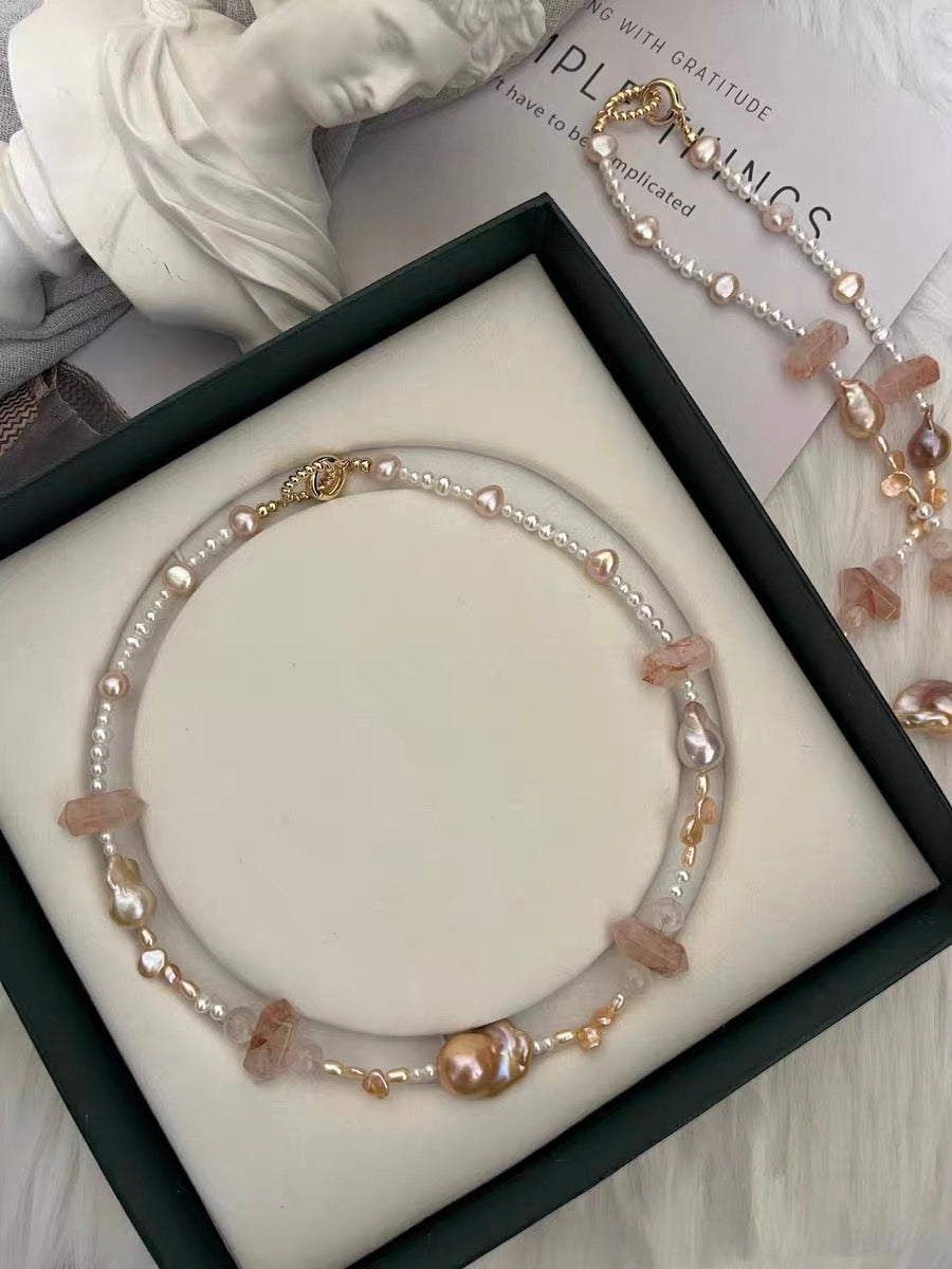 #PN1328 The Lyric Edition | peach summer | Freshwater pearl necklace 45.5cm small & medium champagne- golden mermaid baroque pearls fire quartz towers sunset shade petal pearls baby pearls aurora lustre