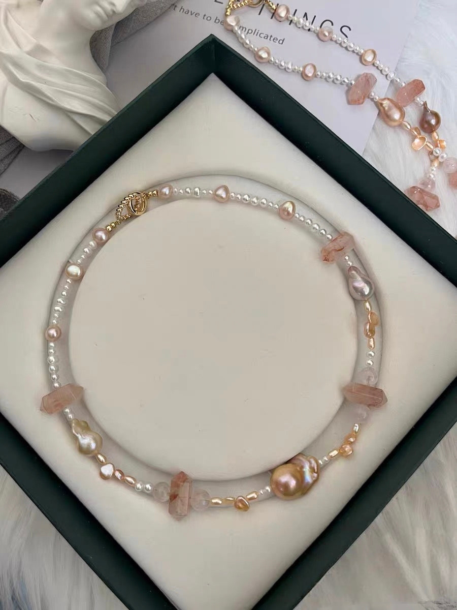 #PN1328 The Lyric Edition | peach summer | Freshwater pearl necklace 45.5cm small & medium champagne- golden mermaid baroque pearls fire quartz towers sunset shade petal pearls baby pearls aurora lustre