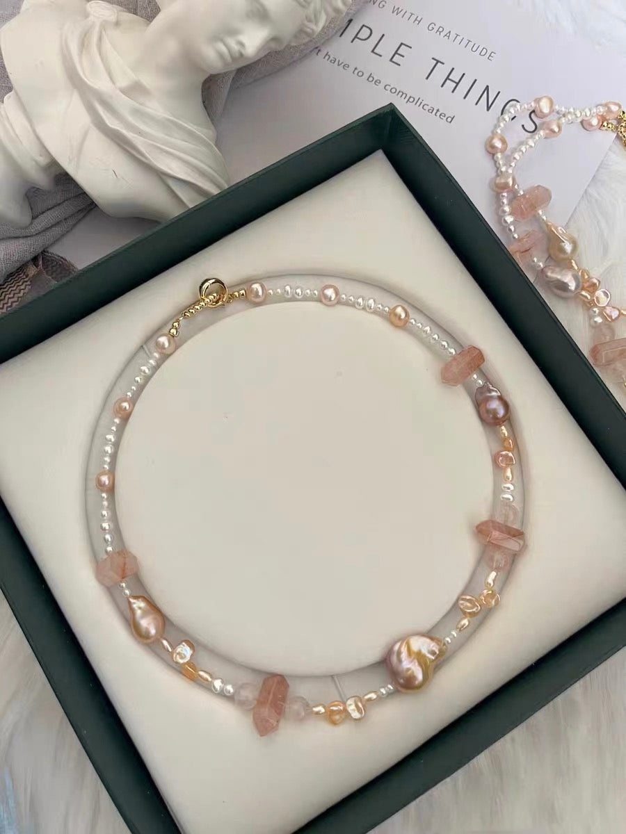 #PN1328 The Lyric Edition | peach summer | Freshwater pearl necklace 45.5cm small & medium champagne- golden mermaid baroque pearls fire quartz towers sunset shade petal pearls baby pearls aurora lustre