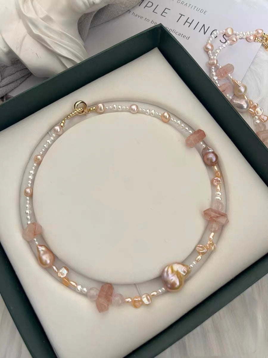 #PN1328 The Lyric Edition | peach summer | Freshwater pearl necklace 45.5cm small & medium champagne- golden mermaid baroque pearls fire quartz towers sunset shade petal pearls baby pearls aurora lustre