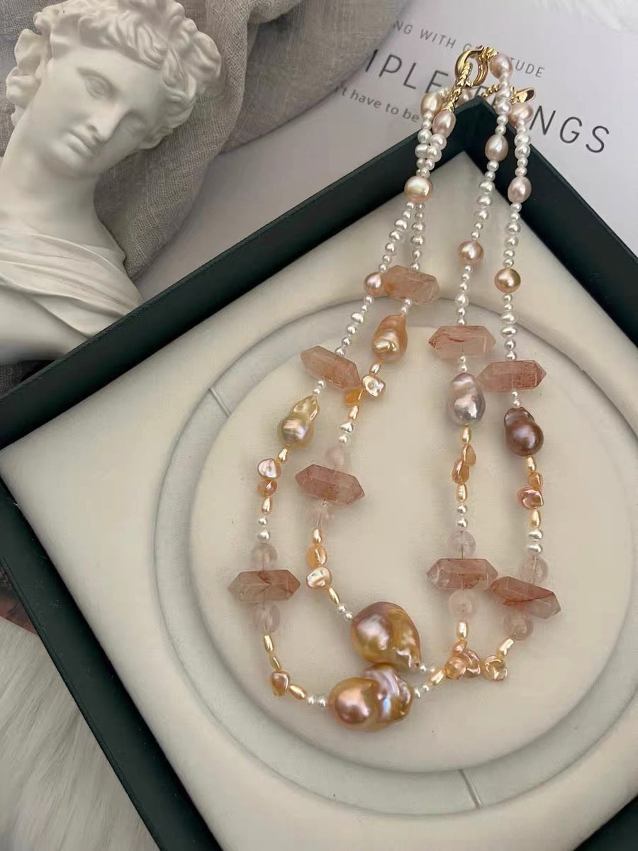 #PN1328 The Lyric Edition | peach summer | Freshwater pearl necklace 45.5cm small & medium champagne- golden mermaid baroque pearls fire quartz towers sunset shade petal pearls baby pearls aurora lustre