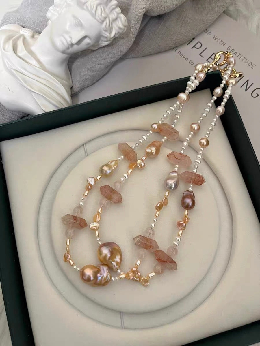#PN1328 The Lyric Edition | peach summer | Freshwater pearl necklace 45.5cm small & medium champagne- golden mermaid baroque pearls fire quartz towers sunset shade petal pearls baby pearls aurora lustre