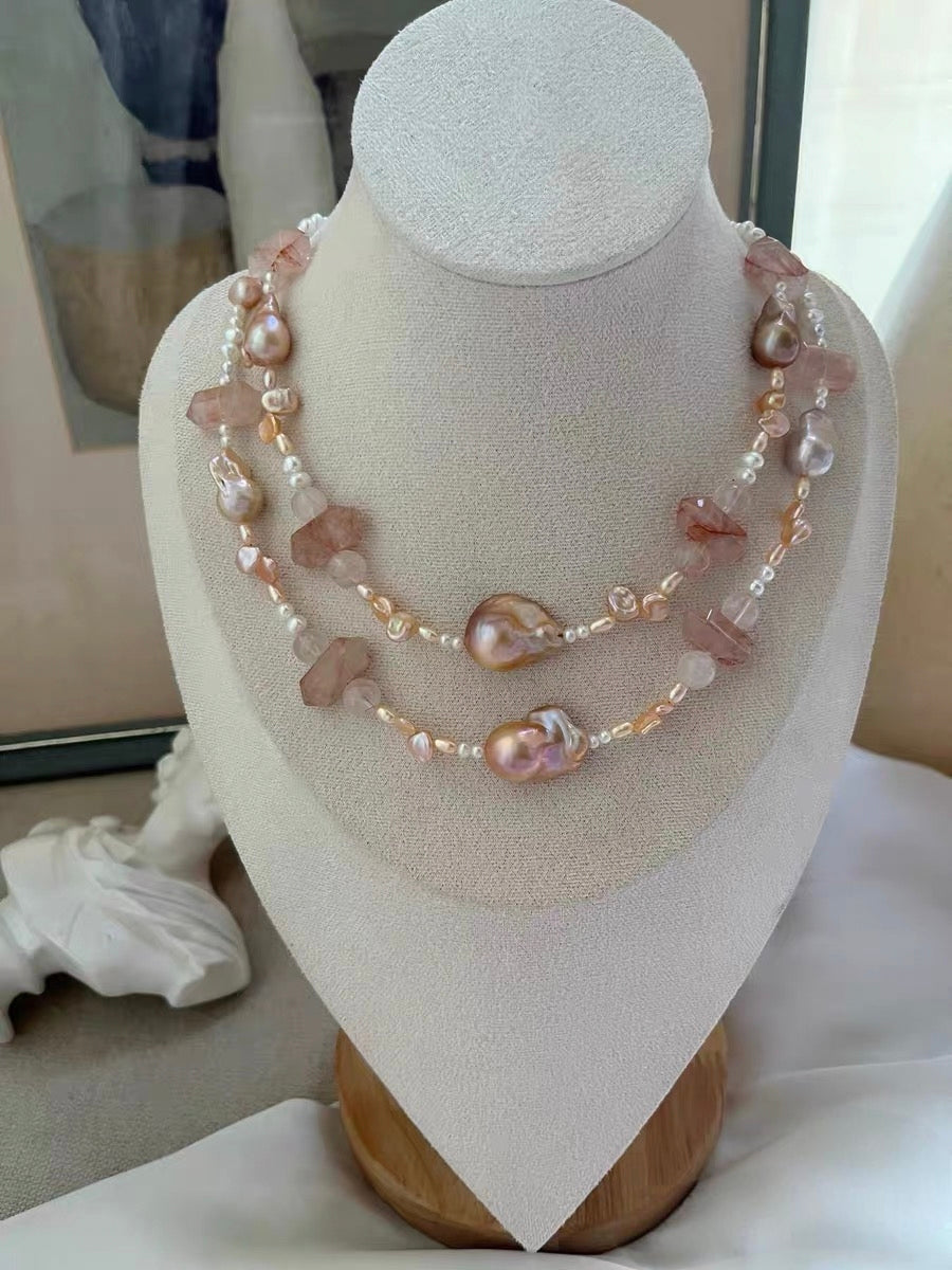 #PN1328 The Lyric Edition | peach summer | Freshwater pearl necklace 45.5cm small & medium champagne- golden mermaid baroque pearls fire quartz towers sunset shade petal pearls baby pearls aurora lustre