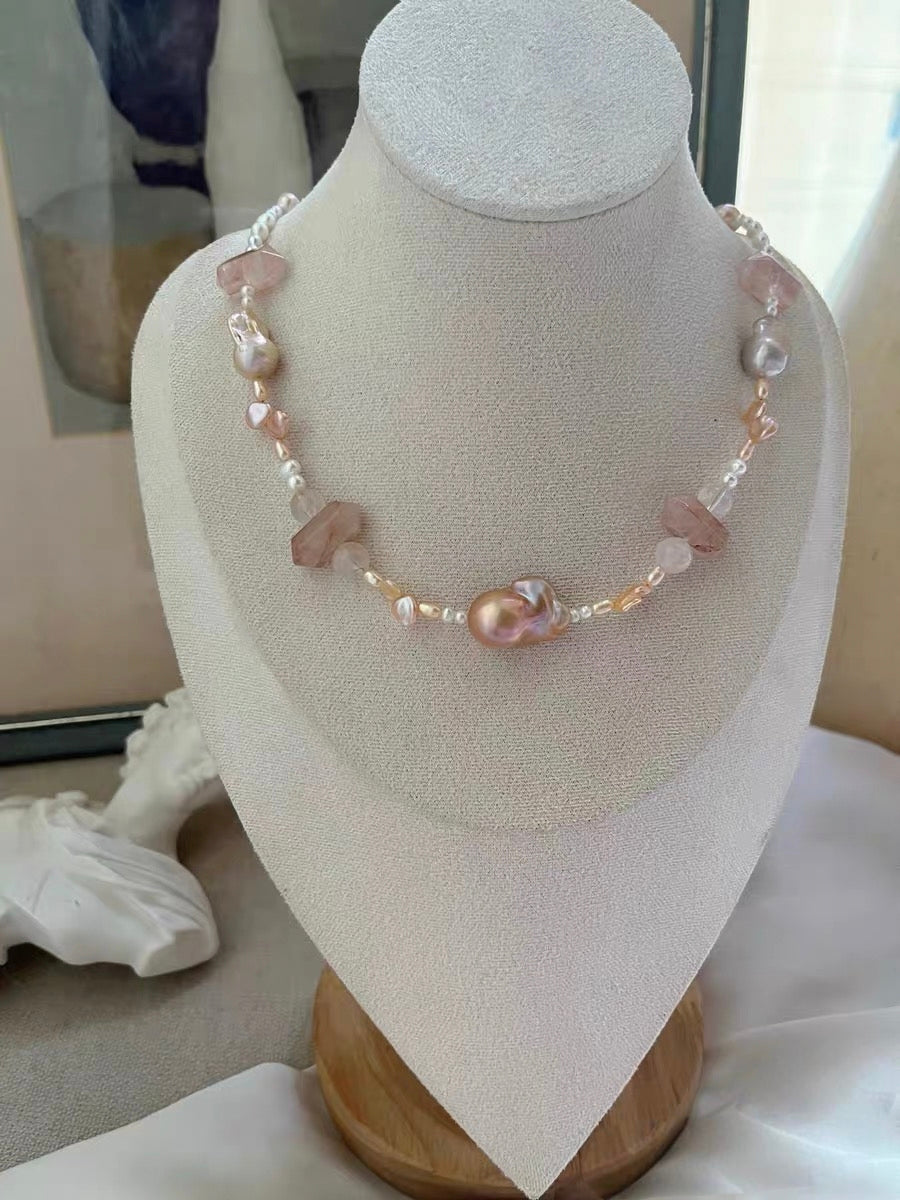#PN1328 The Lyric Edition | peach summer | Freshwater pearl necklace 45.5cm small & medium champagne- golden mermaid baroque pearls fire quartz towers sunset shade petal pearls baby pearls aurora lustre