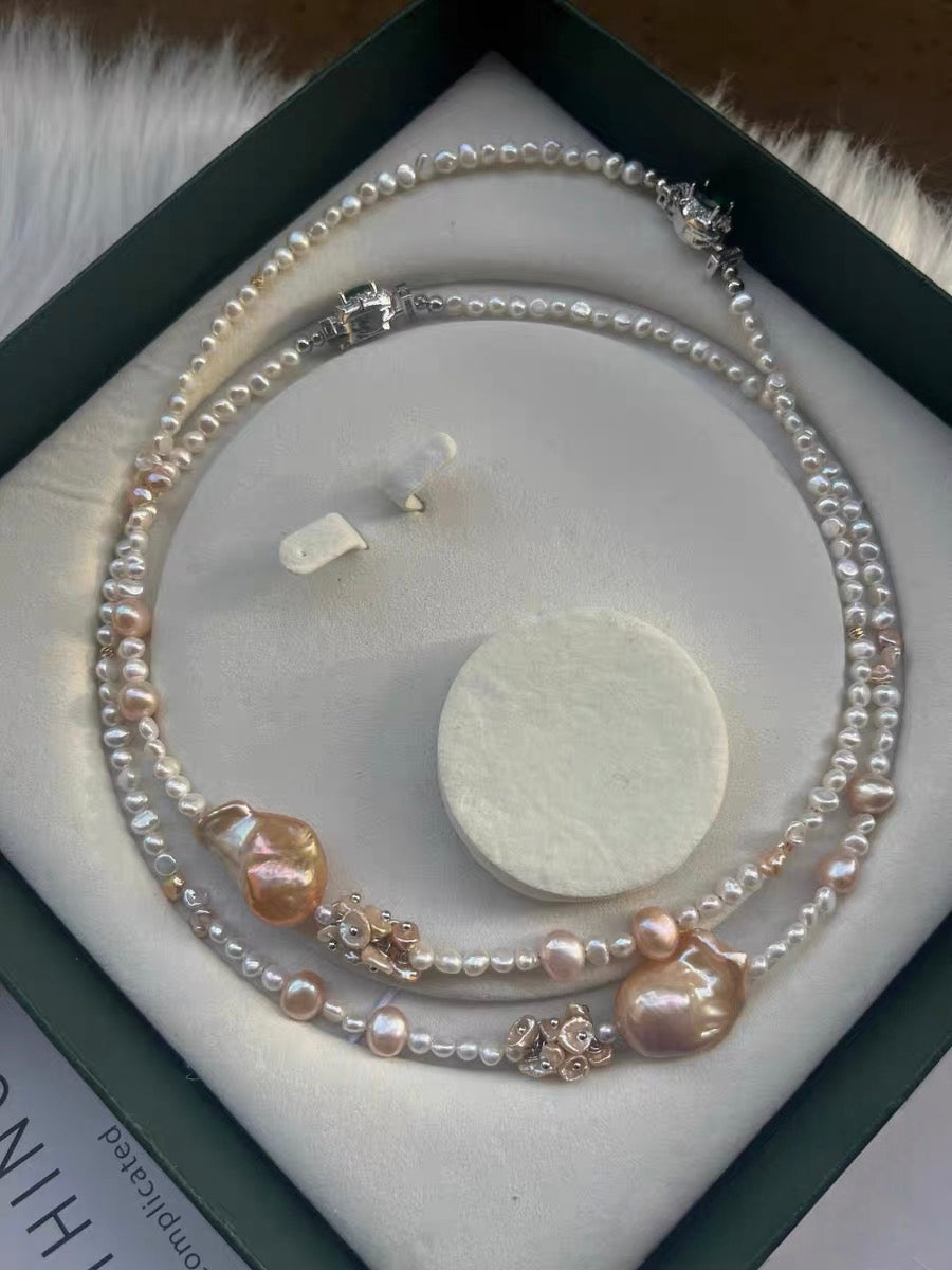 #PN1330 The Supreme Edition [Floral Series] Freshwater pearl necklace 47cm big mermaid baroque pearls golden light purple shade lustrous pink petal pearls baby bun shapes green zircon clasp