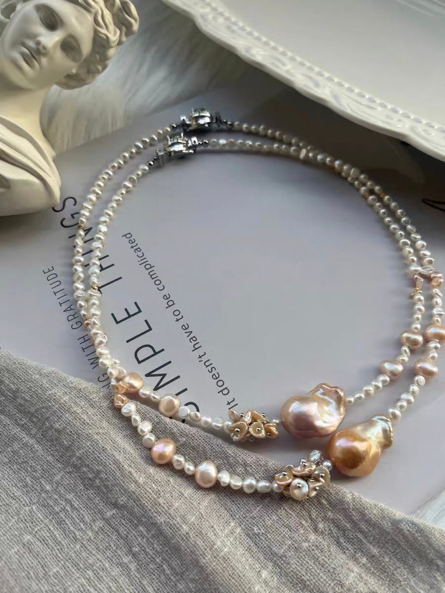 #PN1330 The Supreme Edition [Floral Series] Freshwater pearl necklace 47cm big mermaid baroque pearls golden light purple shade lustrous pink petal pearls baby bun shapes green zircon clasp