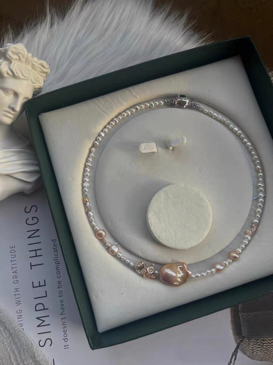#PN1330 The Supreme Edition [Floral Series] Freshwater pearl necklace 47cm big mermaid baroque pearls golden light purple shade lustrous pink petal pearls baby bun shapes green zircon clasp