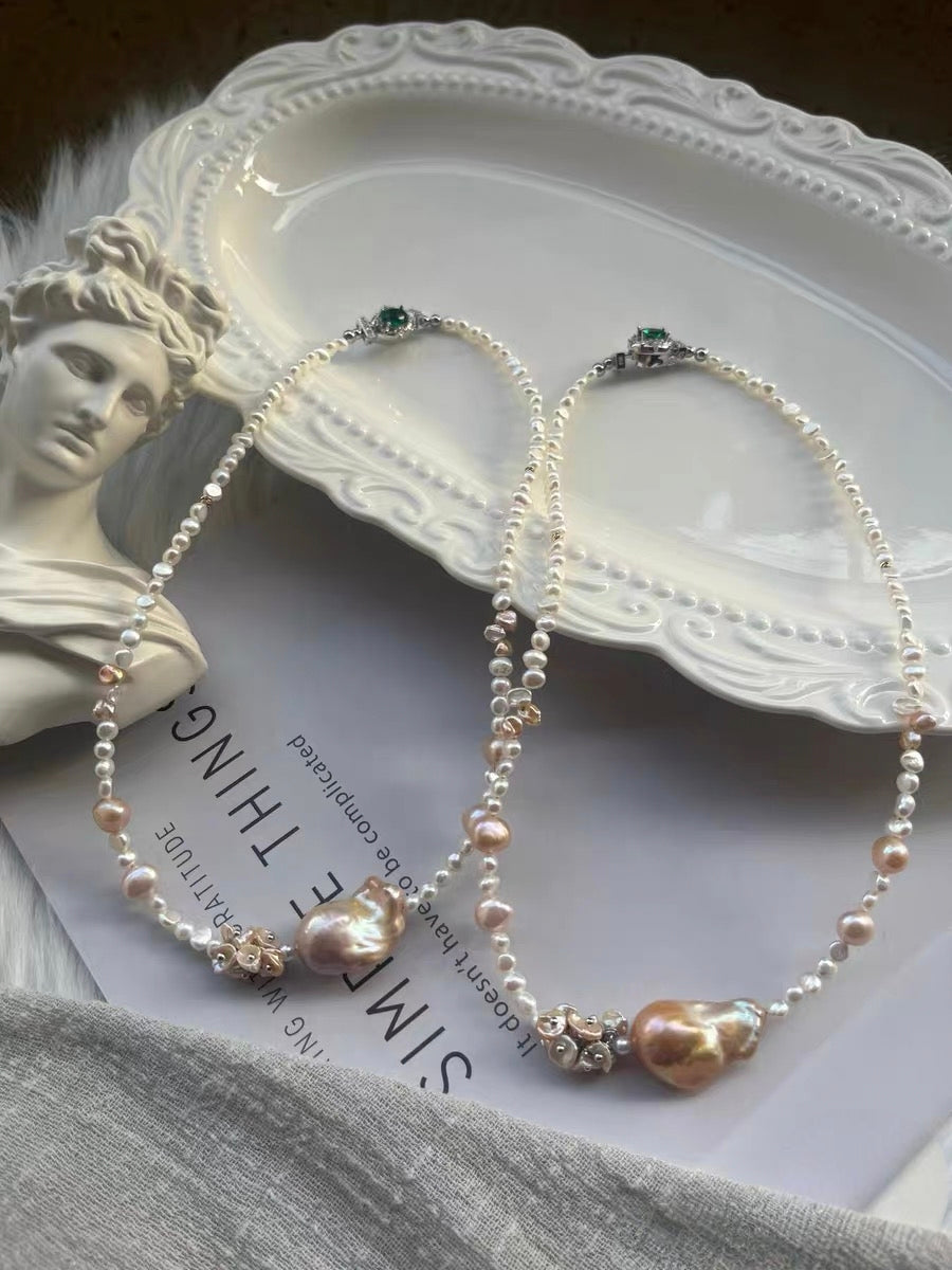#PN1330 The Supreme Edition [Floral Series] Freshwater pearl necklace 47cm big mermaid baroque pearls golden light purple shade lustrous pink petal pearls baby bun shapes green zircon clasp