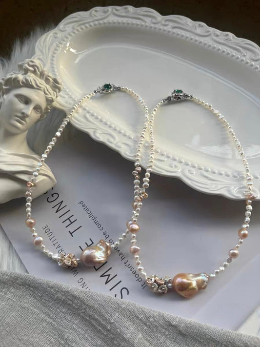 #PN1330 The Supreme Edition [Floral Series] Freshwater pearl necklace 47cm big mermaid baroque pearls golden light purple shade lustrous pink petal pearls baby bun shapes green zircon clasp