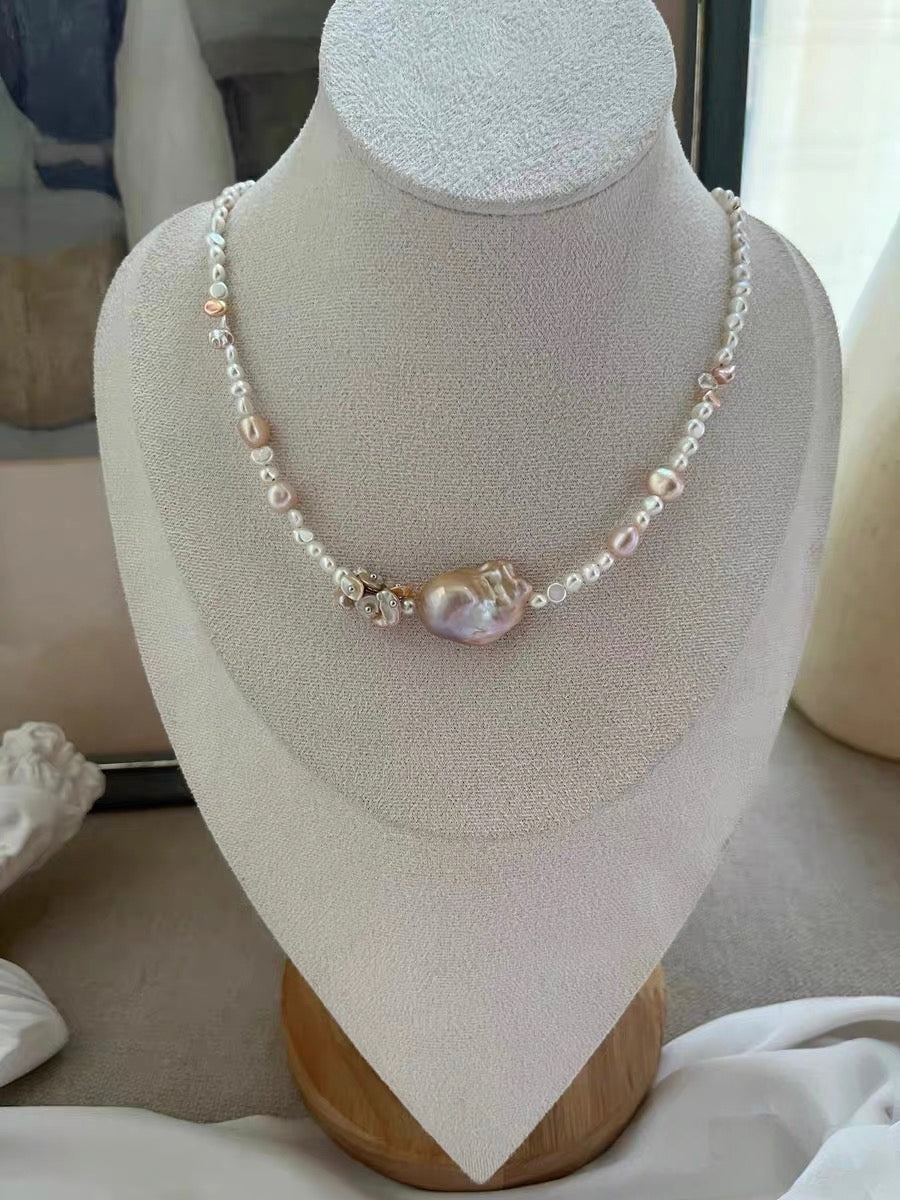 #PN1330 The Supreme Edition [Floral Series] Freshwater pearl necklace 47cm big mermaid baroque pearls golden light purple shade lustrous pink petal pearls baby bun shapes green zircon clasp