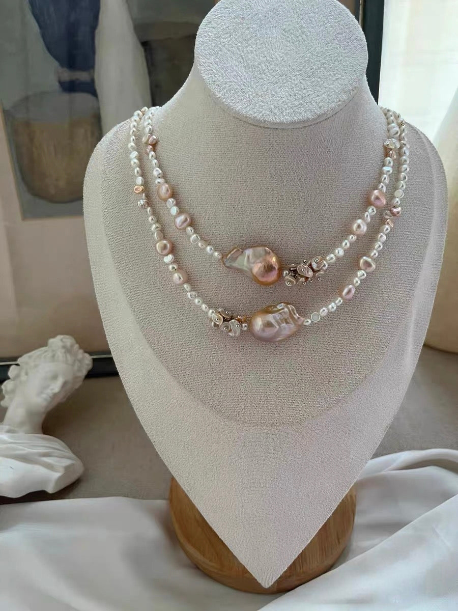 #PN1330 The Supreme Edition [Floral Series] Freshwater pearl necklace 47cm big mermaid baroque pearls golden light purple shade lustrous pink petal pearls baby bun shapes green zircon clasp