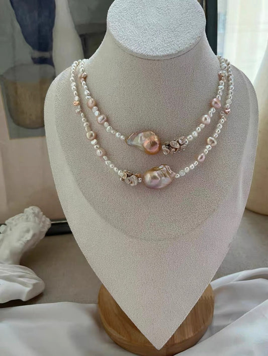 #PN1330 The Supreme Edition [Floral Series] Freshwater pearl necklace 47cm big mermaid baroque pearls golden light purple shade lustrous pink petal pearls baby bun shapes green zircon clasp