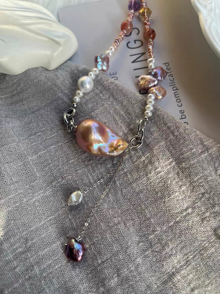#PN1327 The Muse Edition | dancing light | Freshwater pearl necklace 44.5cm dangling design golden purple big mermaid baroque pearl baby purple bun pearls amethyst citrine tower golden sunstone lustrous clover pearl