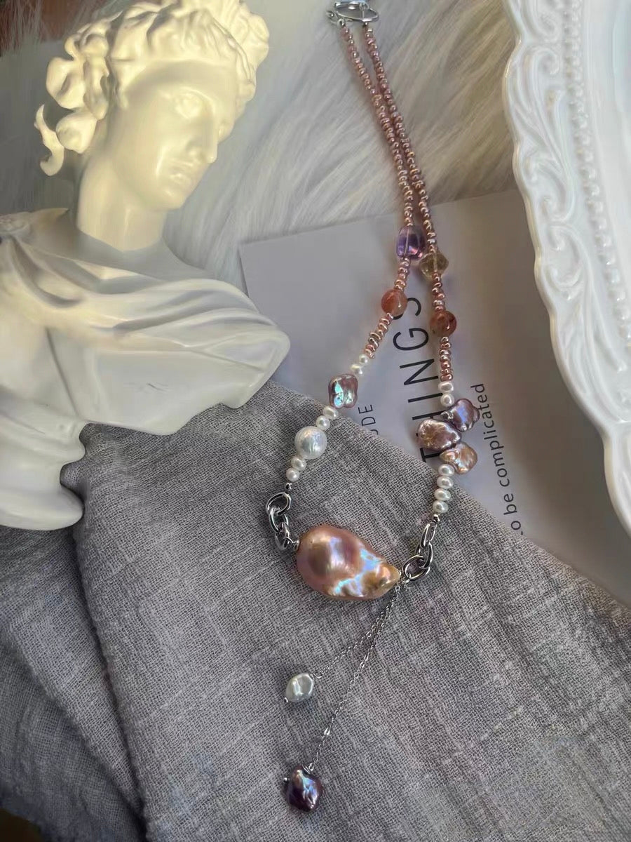 #PN1327 The Muse Edition | dancing light | Freshwater pearl necklace 44.5cm dangling design golden purple big mermaid baroque pearl baby purple bun pearls amethyst citrine tower golden sunstone lustrous clover pearl