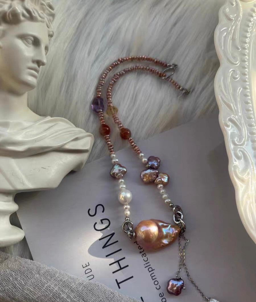 #PN1327 The Muse Edition | dancing light | Freshwater pearl necklace 44.5cm dangling design golden purple big mermaid baroque pearl baby purple bun pearls amethyst citrine tower golden sunstone lustrous clover pearl