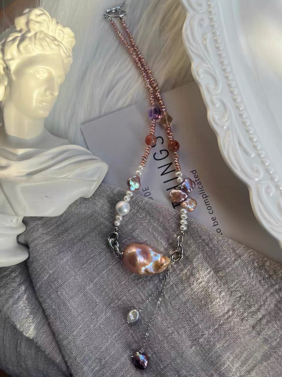 #PN1327 The Muse Edition | dancing light | Freshwater pearl necklace 44.5cm dangling design golden purple big mermaid baroque pearl baby purple bun pearls amethyst citrine tower golden sunstone lustrous clover pearl