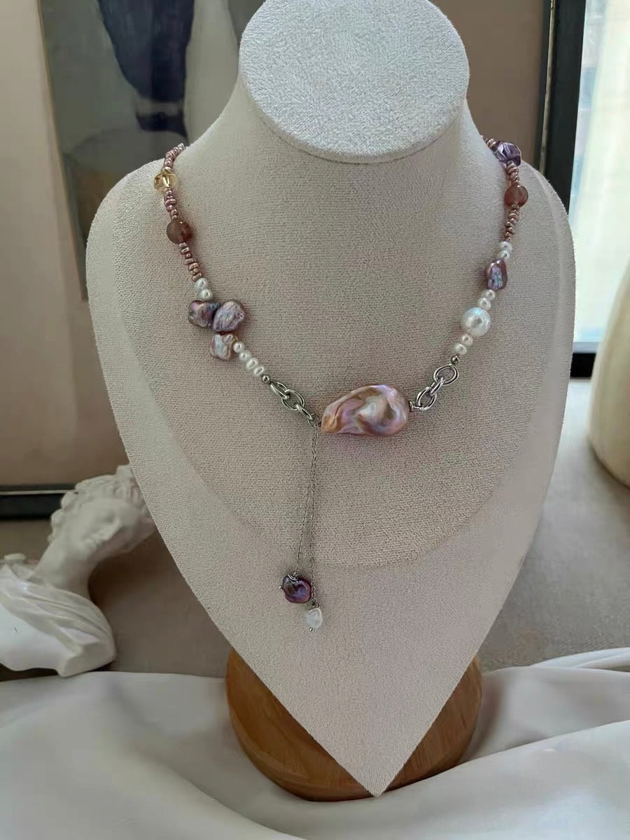 #PN1327 The Muse Edition | dancing light | Freshwater pearl necklace 44.5cm dangling design golden purple big mermaid baroque pearl baby purple bun pearls amethyst citrine tower golden sunstone lustrous clover pearl