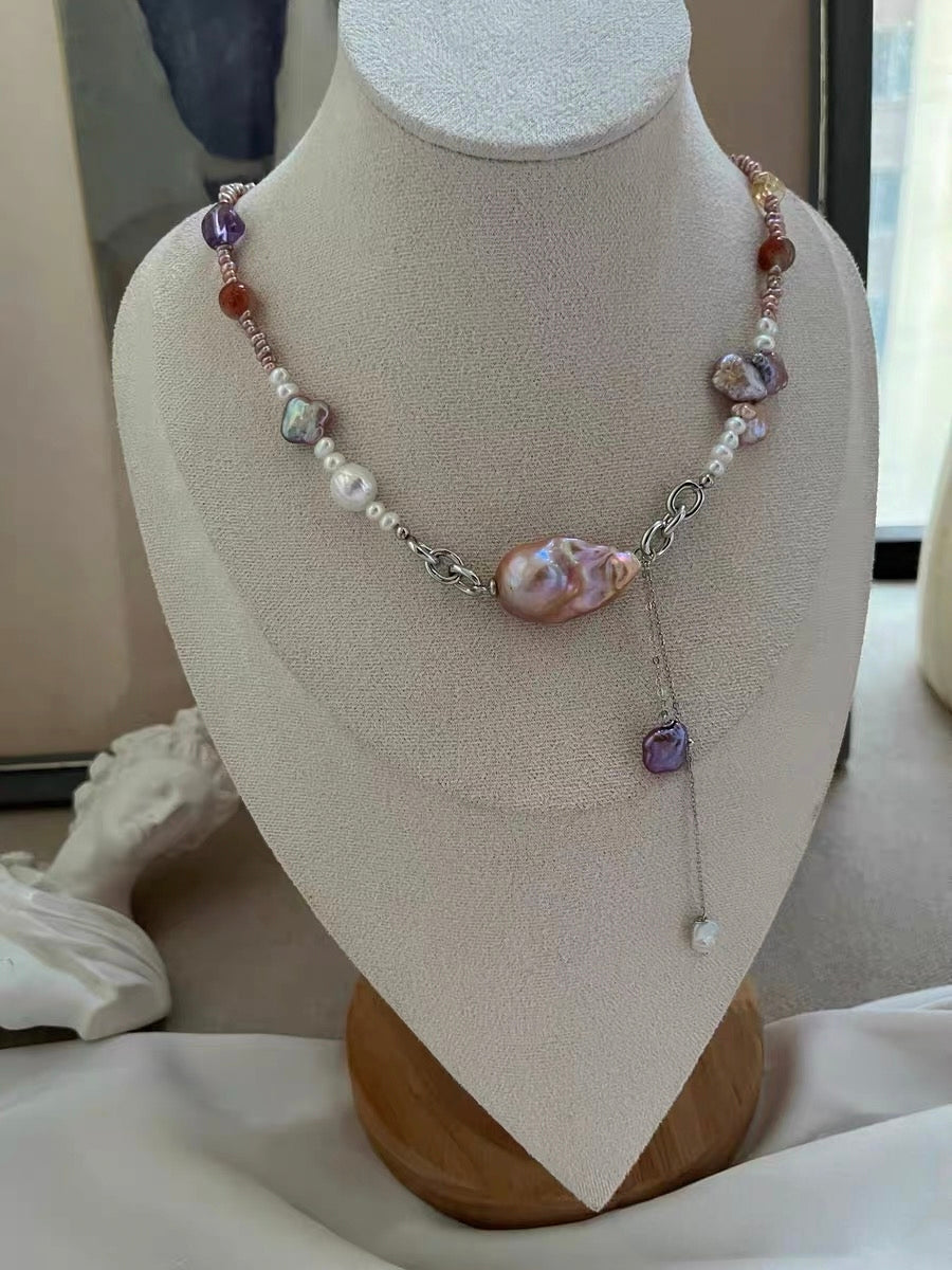 #PN1327 The Muse Edition | dancing light | Freshwater pearl necklace 44.5cm dangling design golden purple big mermaid baroque pearl baby purple bun pearls amethyst citrine tower golden sunstone lustrous clover pearl