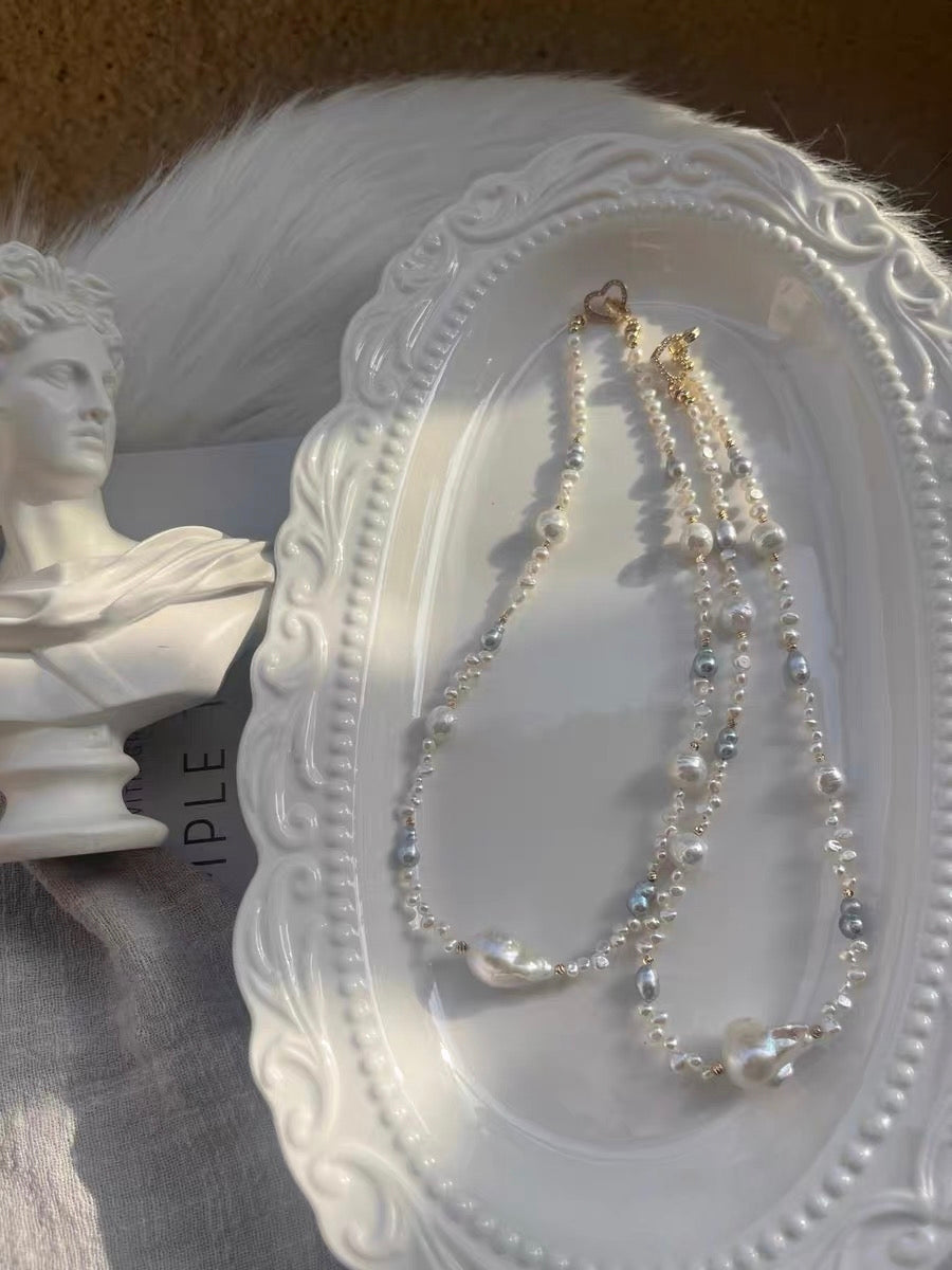 #PN1326 The Muse Edition | silver sunlight | Freshwater pearl necklace 44cm mid-sized mermaid baroque pearl white lustrous wrinkle baroque pearls hulu shaped treated grey color pearl baby petal pearls