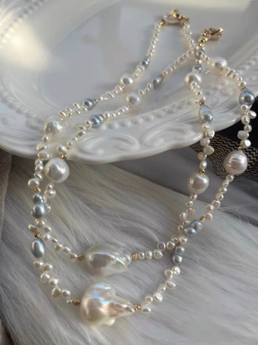 #PN1326 The Muse Edition | silver sunlight | Freshwater pearl necklace 44cm mid-sized mermaid baroque pearl white lustrous wrinkle baroque pearls hulu shaped treated grey color pearl baby petal pearls