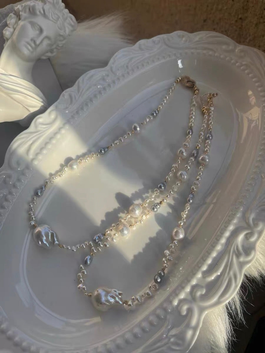 #PN1326 The Muse Edition | silver sunlight | Freshwater pearl necklace 44cm mid-sized mermaid baroque pearl white lustrous wrinkle baroque pearls hulu shaped treated grey color pearl baby petal pearls